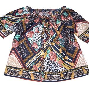 Speed Limit M.P.H. Women 3X Floral Leopard Scarf Print Off Shoulder Button Top